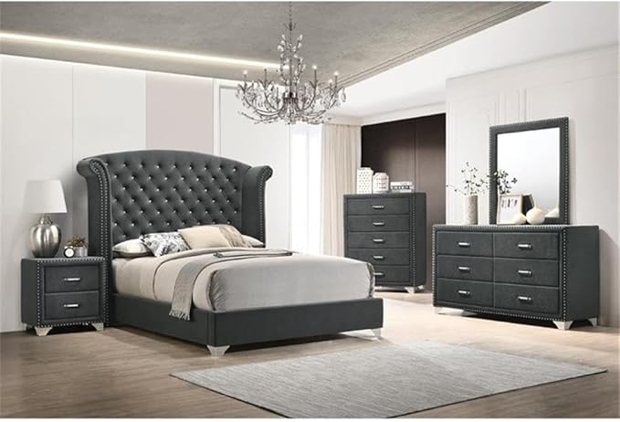Pemberly Row Contemporary Upholstered 2-Drawer Nightstand, Soft Grey Velvet