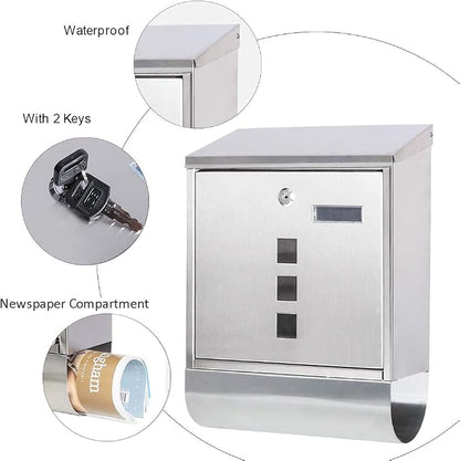 Jssmst Locking Wall Mount Mailbox, Stainless Steel Mailboxes with Secure Key Lock and Newspaper Compartment, HPB2203 Silver