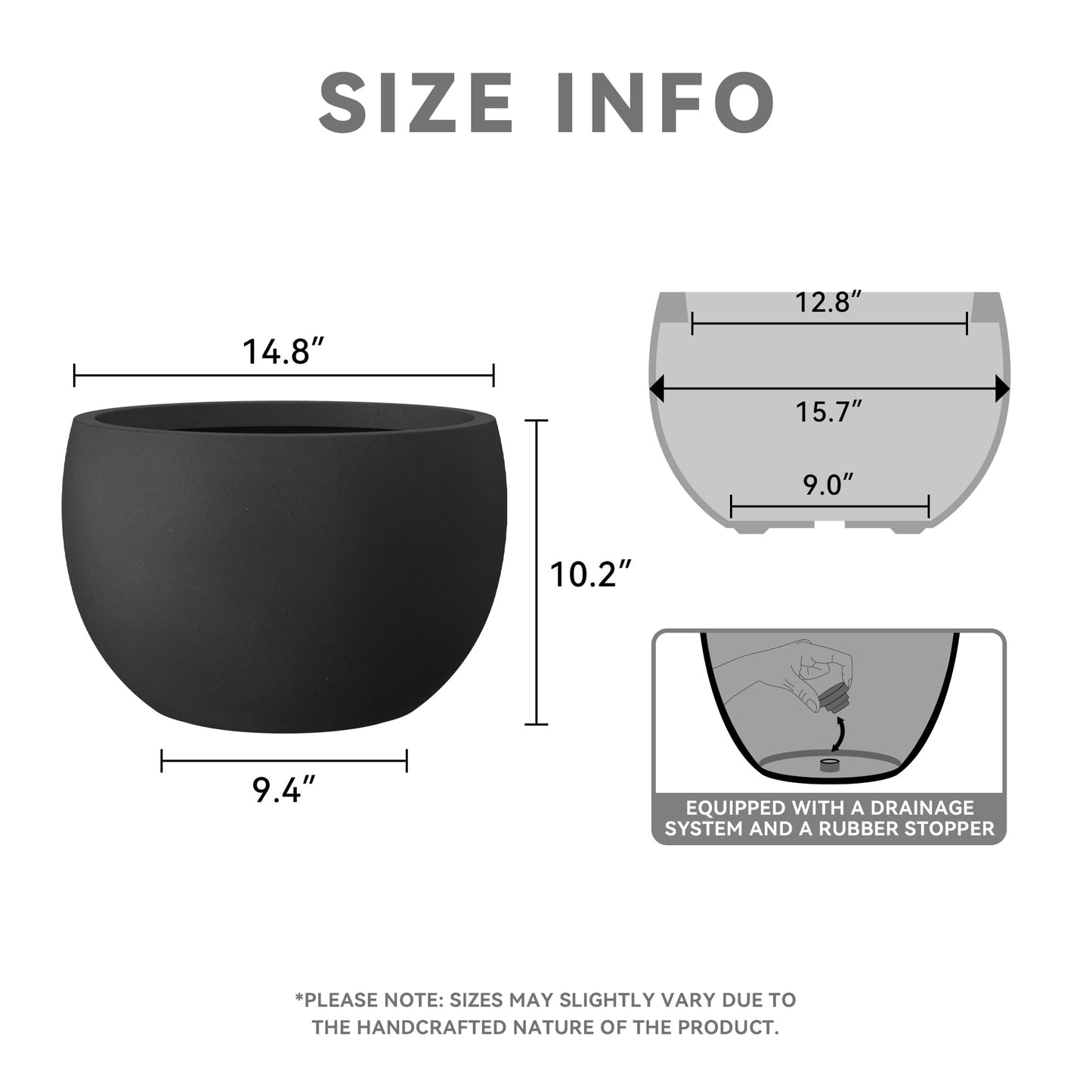 Kante 15.7" Dia Round Concrete Planter, Outdoor/Indoor Large Bowl Plant Pots with Drainage Hole and Rubber Plug for Garden Patio Balcony Home, Black