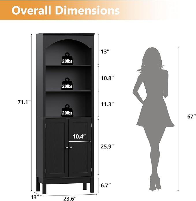 Bookshelf with Doors, Floor Standing Display Storage Cabinet