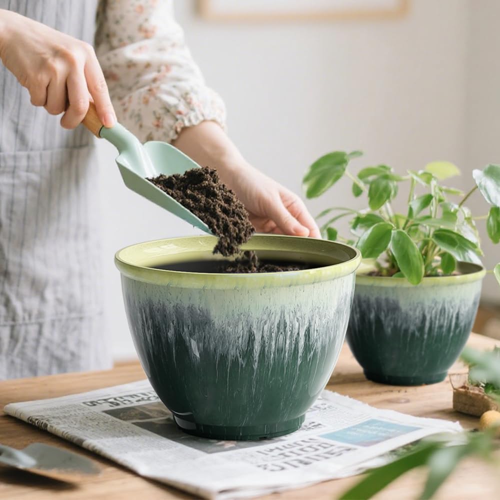 Flower Pots, 8 Inch Plastic Plant Pots for Plants, Set of 4 Planter for Indoor Outdoor Plants with Drainage Hole, Sleek Small Nursery Planting Pot for Home Garden Outdoor Planters(Green Glaze)