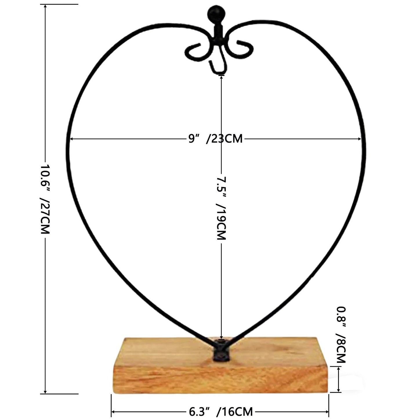 Archi Ornament Display Stand Iron Pothook Stand for Hanging Glass Terrarium/Picture with Wood Base (Heart)