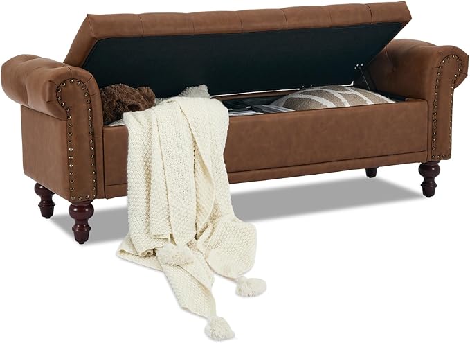 SOFTHION 58.1" Storage Bench Upholstered PU Leather End of Bedroom Bed Bench