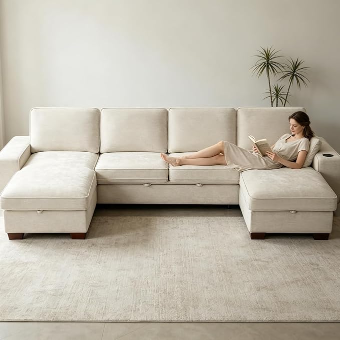 129" Convertible Sleeper Sofa Bed, L Shaped