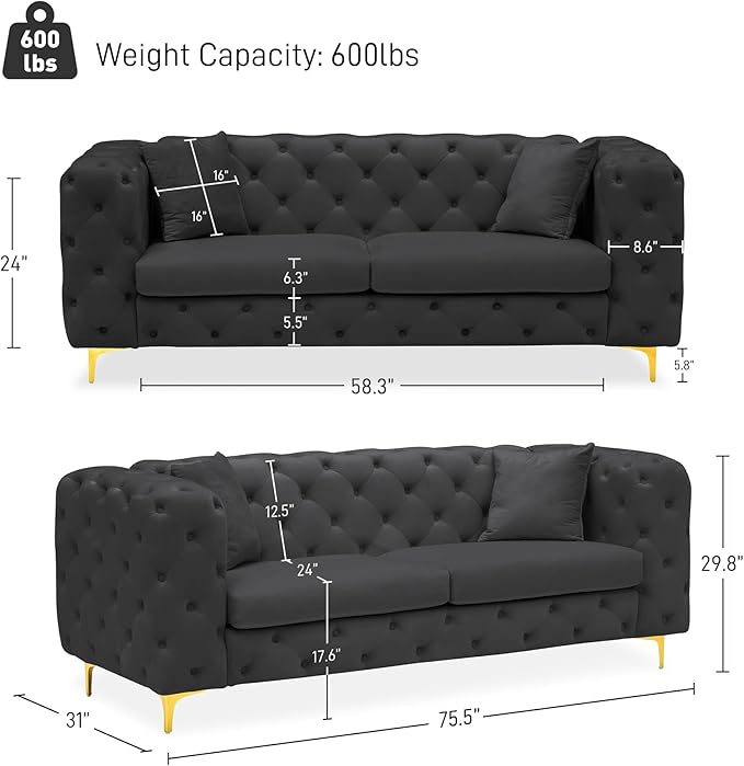 DAMAIFROM 75" Sofa Couch Mid Century Modern Velvet Couch Tufted Button Sofa
