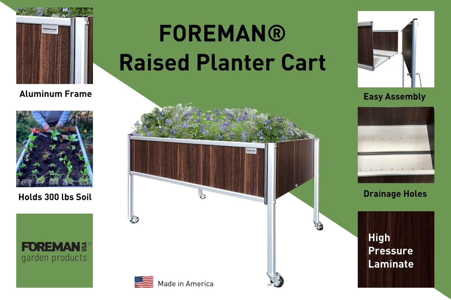 Foreman Raised Garden Bed on Wheels – Weather-Resistant Raised Garden Bed (48" x 24" x 32") with Drainage, Ideal Raised Garden Bed for Vegetables & Flowers – 300 lb Capacity, Tosca Wood Grain