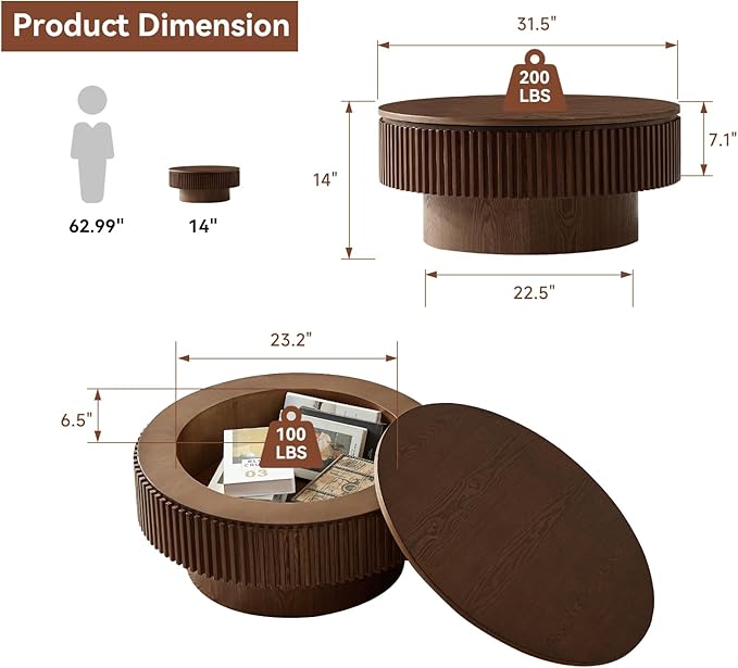 Round Coffee Table for Living Room, Fluted Drum Accent Tea Center Table