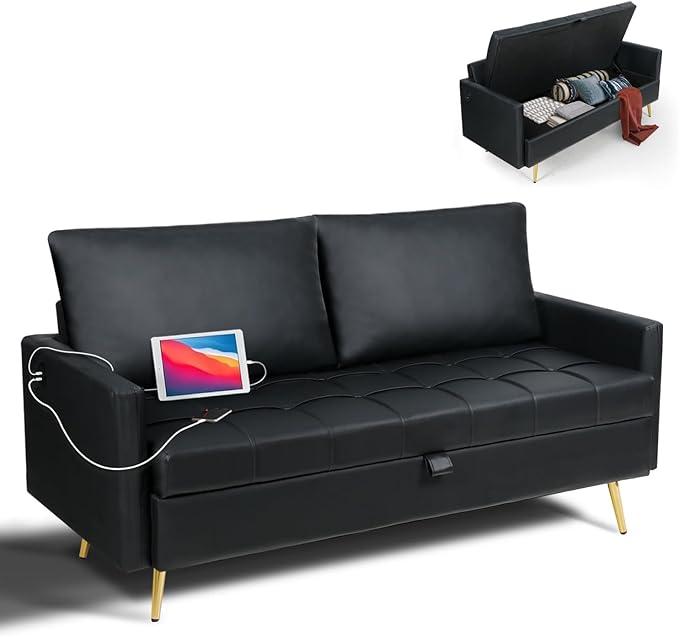 LINLUX Black Leather 60" W Couch
