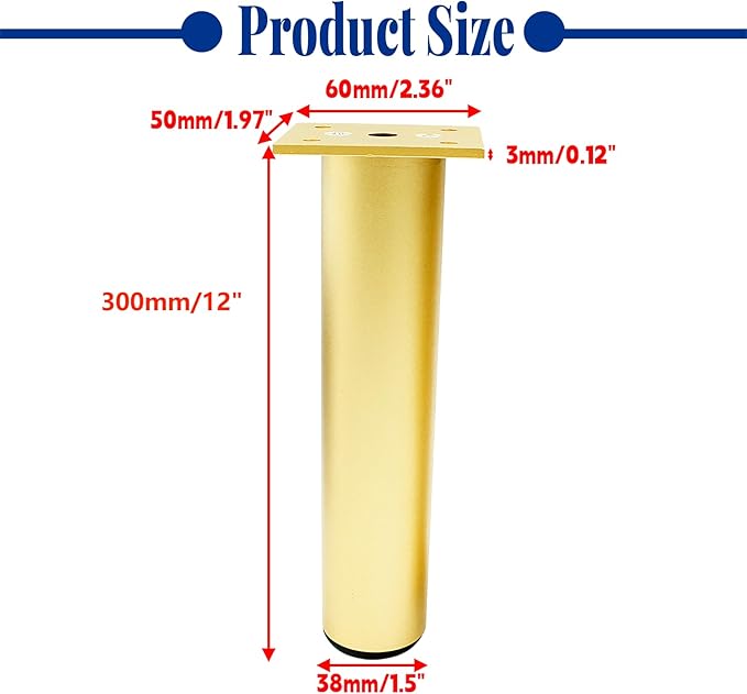 Set of 4 Aluminum Alloy Furniture Legs 12 Inch Height, 1.5 Inch Diameter