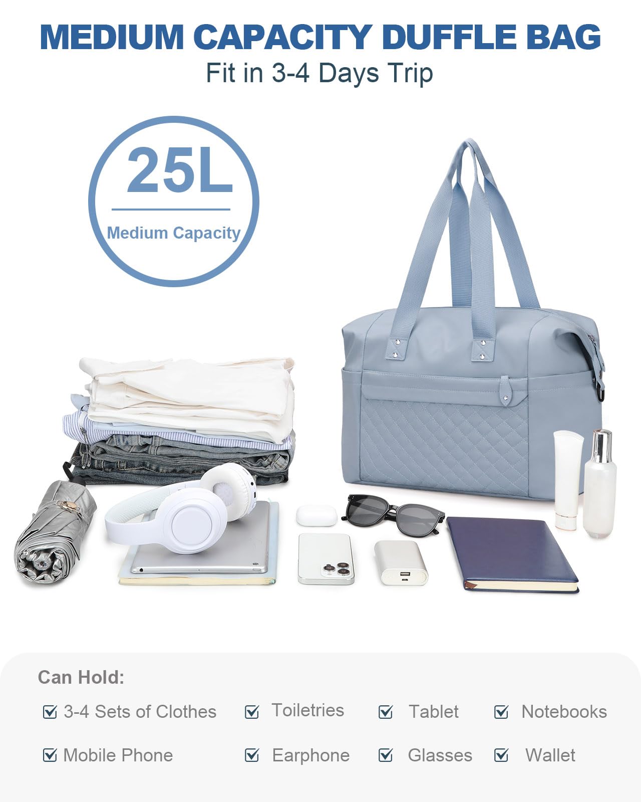 Pritent Travel Duffle Bag, Waterproof Weekender Overnight Hospital Bags for Women Men with Toiletry Bag Lightweight Personal Item Duffle Gym Bag for Travel, Airplanes, Sports(Blue, Medium)