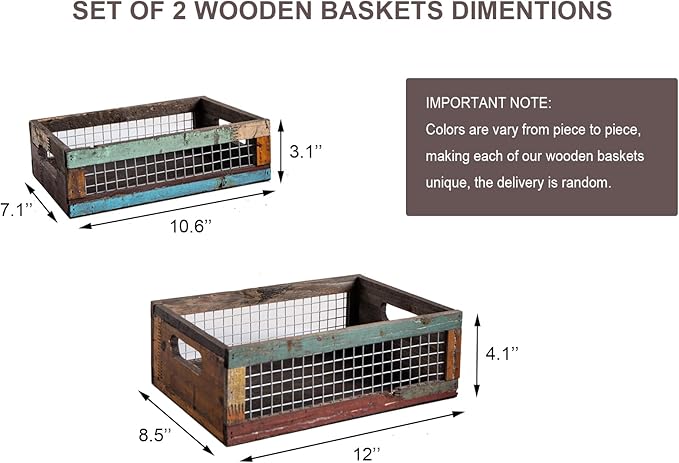 TIMRIS Set of 2 Rustic Wooden Countertop Baskets, Farmhouse Distressed Nesting