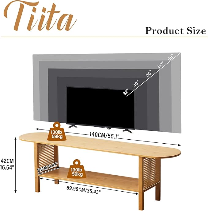 Tiita TV Stand with Storage for TVs up to 65'', Bamboo TV Console Entertainment