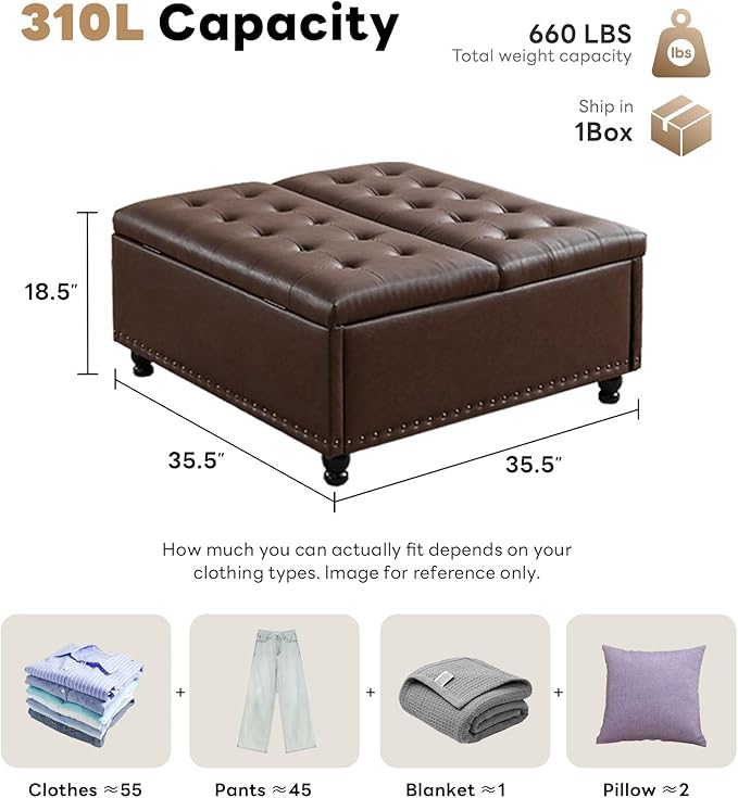 Tbfit Large Square Storage Ottoman Bench, Tufted Upholstered Coffee Table