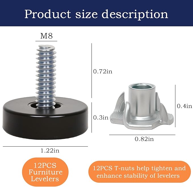 12 PCS M8 Thread Furniture Feet Levelers, Furniture Leveling Feet