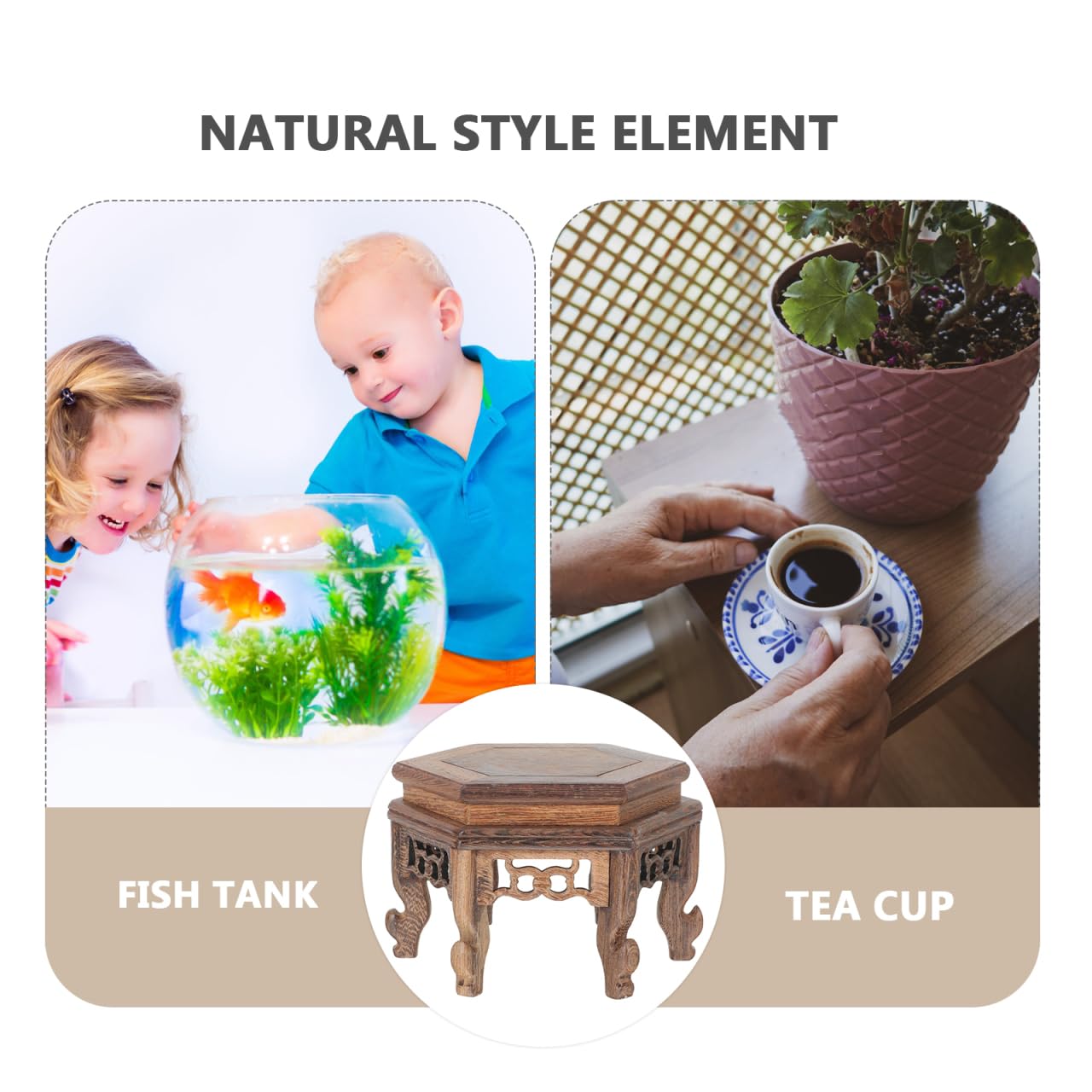 Cabilock Hexagonal Table Base Wooden Plant Stand Chinese Style Flower Pot Display Rack Teapot Stand for Bonsai Vases Planters 5.1X5.1X3.5 Inch