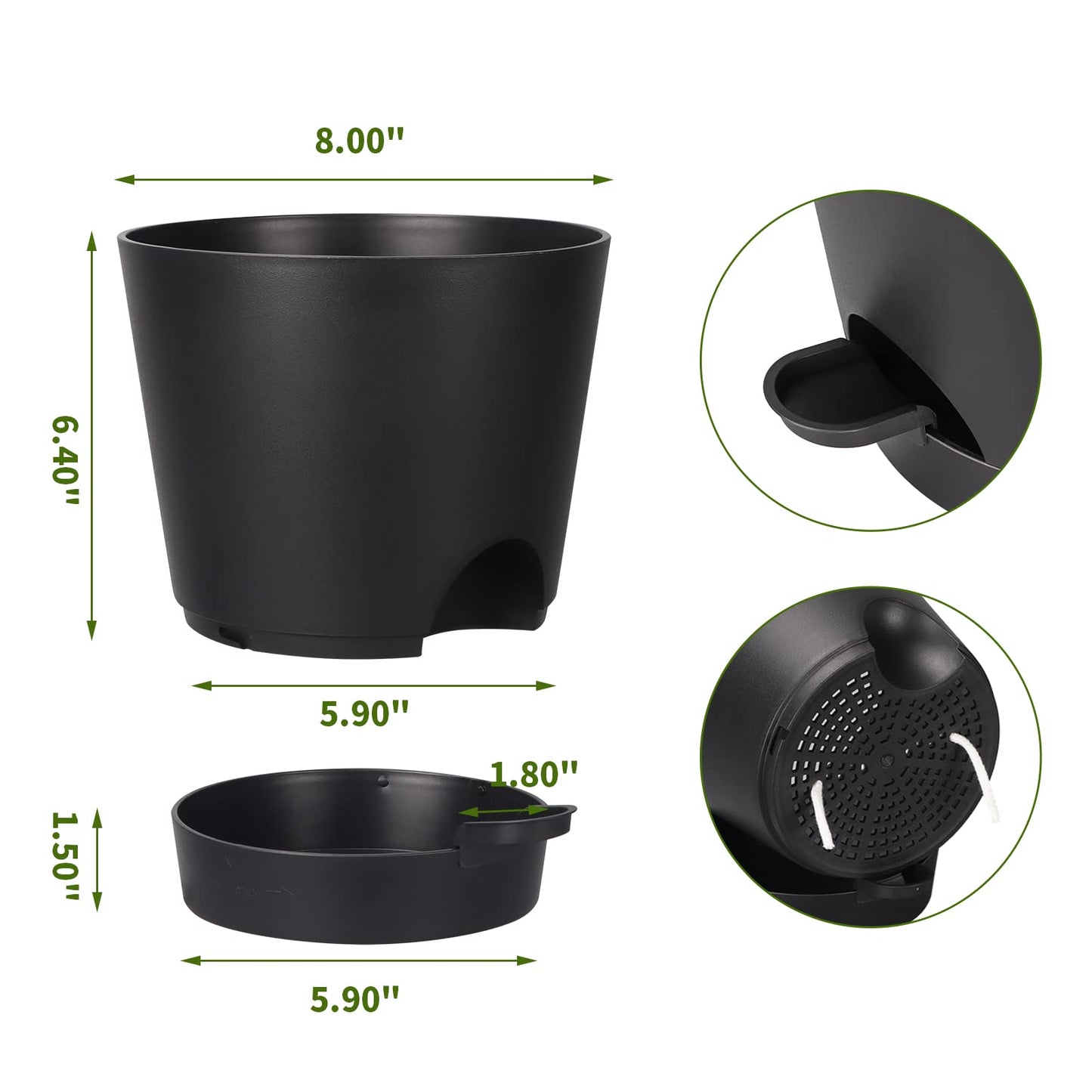 SPEPLA 8 Inch Self Watering pots for Indoor, 6 Pack Plastic Plant Pots with Drainage Holes, Black