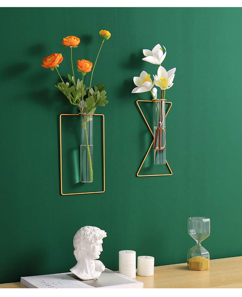 yaocoral 2 Pack Nordic Wall Vase Hanging Geometric Gold Flower Vase Wall Mount Metal Frame Vases Hydroponic Glass Bud Vase Decor for Home Wedding Farmhouse