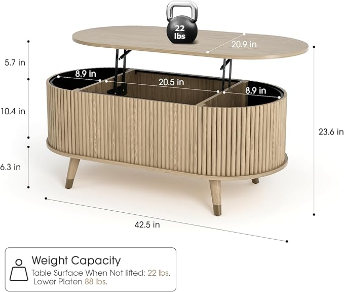 JOINICE 42.5" Oval Lift Top Coffee Table