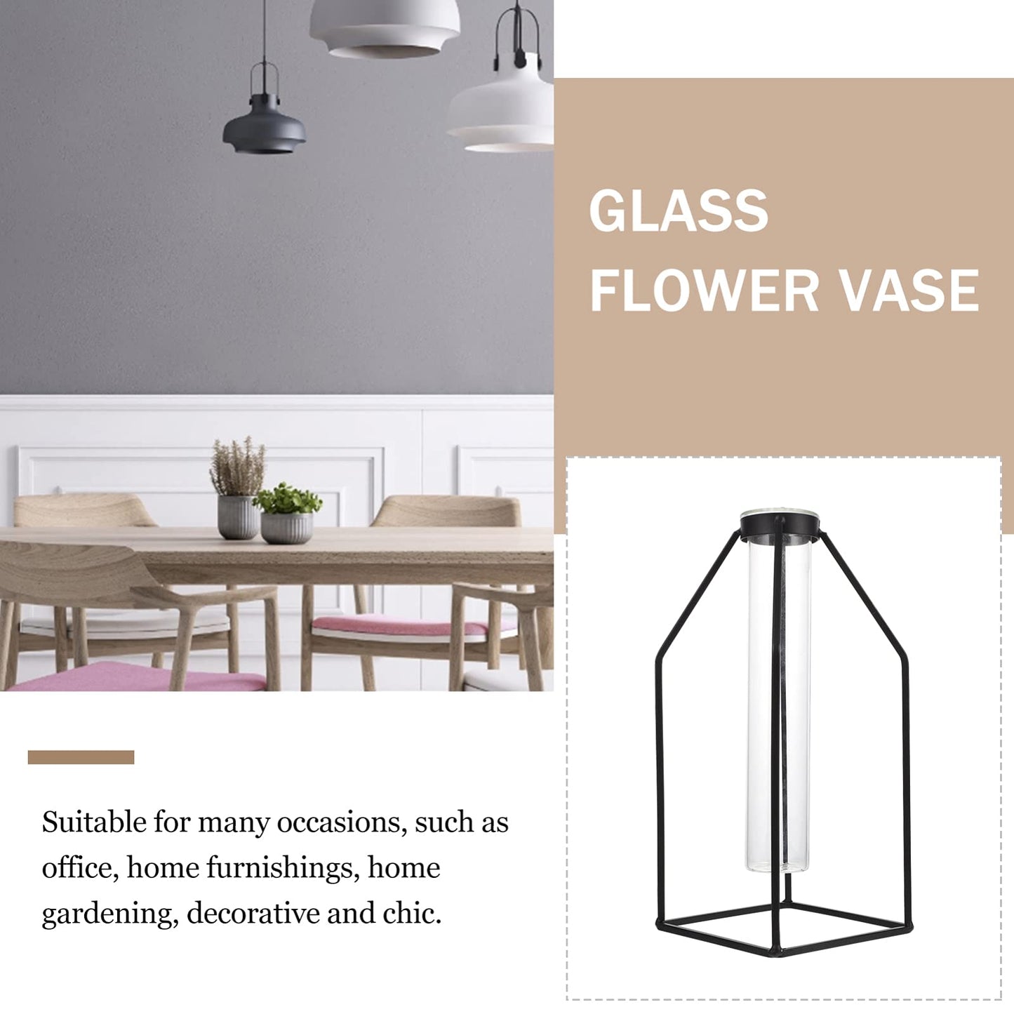 ULTNICE Hydroponic Glass Vase with Wrought Iron Frame 9.44X3.93X3.54In Office Plant Decor Modern Minimalist Planter Terrarium Container