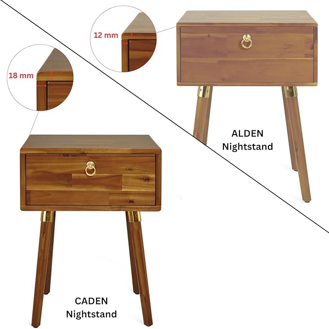 Bme Caden Solid Wood Nightstand/Side Table/End Table, Fully Assembled,