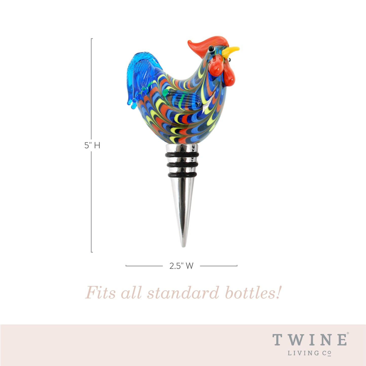 Twine Rooster Bottle Stopper, Glass Rooster Wine Bottle Stopper, Keep Wine Fresh, Glass, Metal, Multicolor, Set of 1