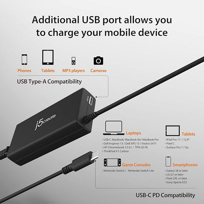 j5create USB Type C PD 100W Fast Charger for MacBook Pro, Chromebook, Laptop, Notebook, Tablet, Android, and iOS Smartphones (JUP2290)
