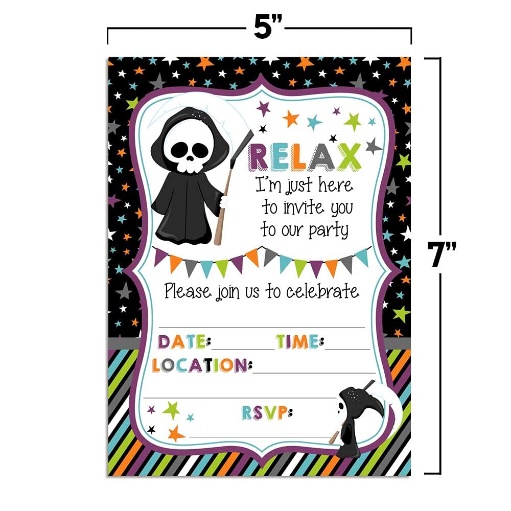 Relax! Funny Grim Reaper Themed Halloween Party Invitations, 20 5x7 Fill In Cards with Twenty White Envelopes by AmandaCreation