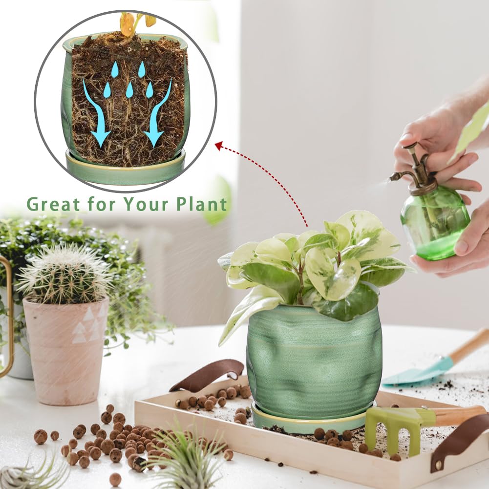 5.7 inch Ceramic Pots for Plants, Plant Pot with Drainage Hole and Saucer Sage Green Ceramic Indoor Planter with Tray Decorative Flower Pots for Succulent, Cactus, Snake Plant, Herb Indoor Outdoor