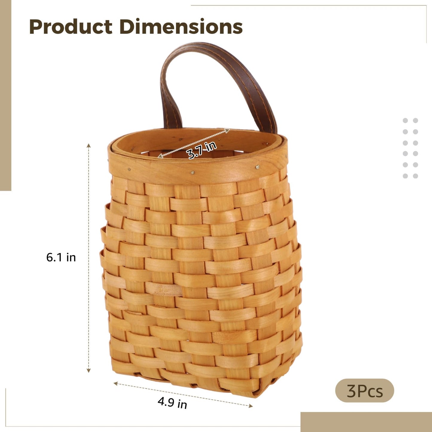 3 PCS Small Wall Hanging Baskets, Woven Wood Basket with PU Leather Handle, Rustic Hanging Organizer for Flowers, Plants, Kitchen Utensils, Farmhouse Wall Decor for Porch, Room