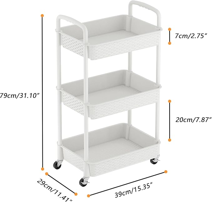 MOYIPIN 3-Tier Plastic Rolling Utility Cart with Handle,Utility Storage Cart for Office, Living Room, Kitchen,Movable Storage Organizer Shelves,White