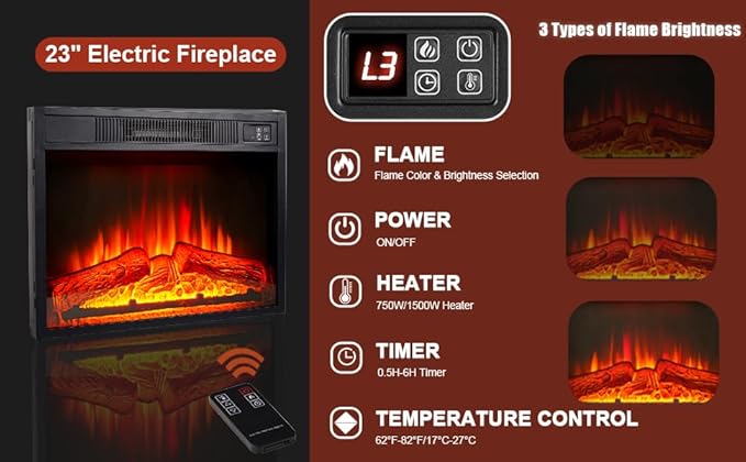 44" LED Lights Electric Fireplace