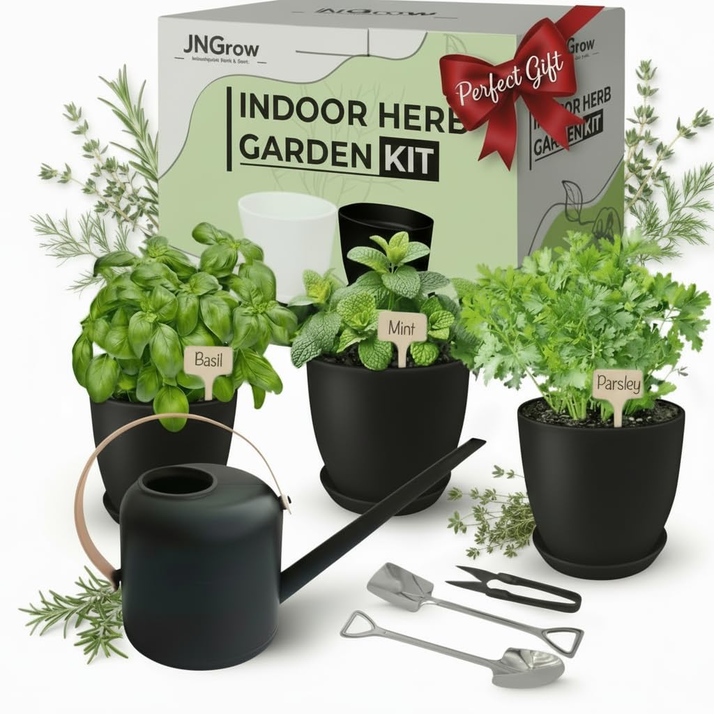 JNGROW Indoor Garden Kit - Plant Pots with Drainage, Watering Can & Tools - Ideal Windowsill Planter Set - Modern Home & Kitchen Decor Gift - Black