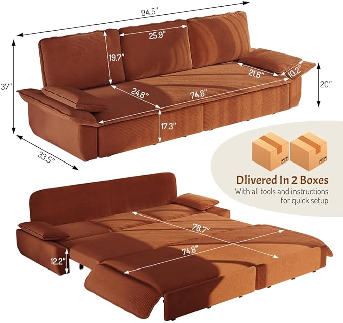 KEIKI 94.5" King Size 3-in-1 Convertible Sofa Bed, Pull-Out Sleeper Couch