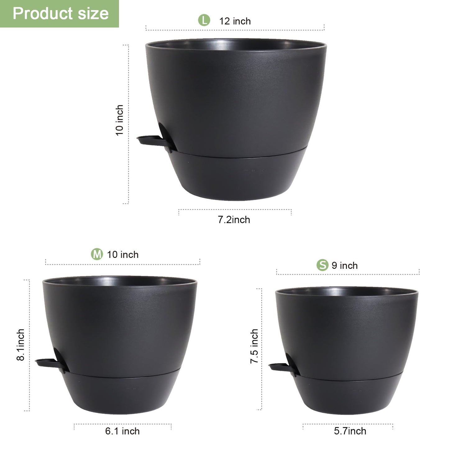 WSMKSZ 12/10/9 inch Large Self Watering Pots, Planter, Plant Pots with Mesh Drainage Holes for Indoor Outdoor Garden Plants, Plastic Flower Pots with Removable Deep Reservoir, Black