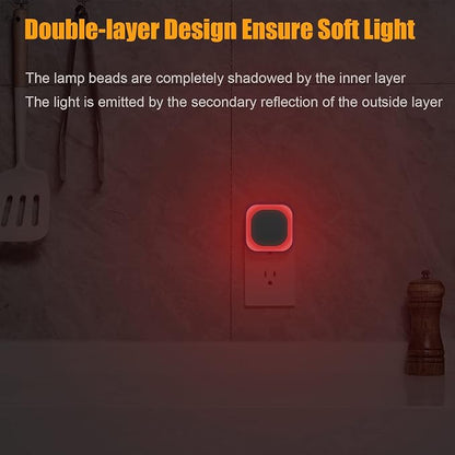YUNLEX 2 Pack Red Night Light with Dusk to Dawn Sensor, Eye-Care Reflected Glow, 0% Blue Light True Red LED, 3-Level Brightness, Auto On/Off, Plug-in Nightlight for Sleep, Kids, Bedroom, Bathroom