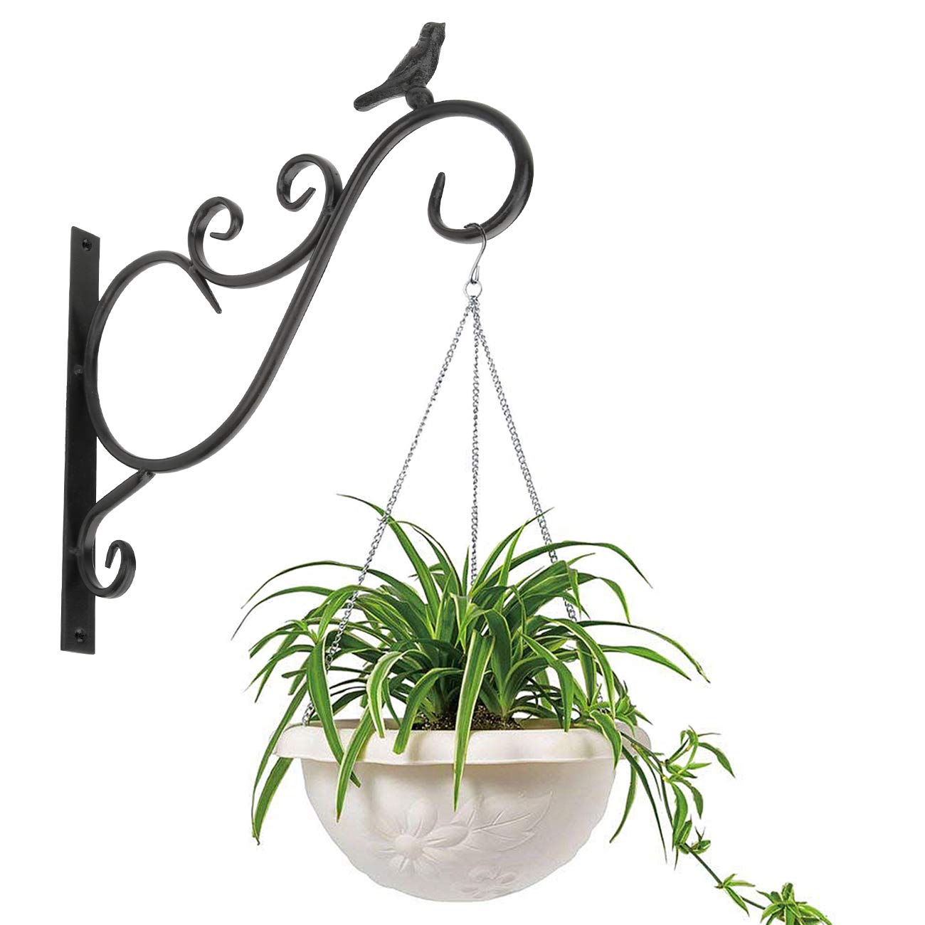 Lewondr Wall Hanging Plant Bracket, 2 Pack 12-inch Retro Iron Shepard Hook for Flower Bird Feeder Planter Indoor Outdoor, Bird 01 - Spray Paint Black