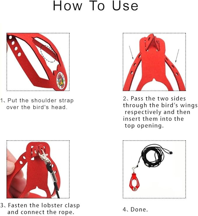 Adjustable Bird Harness & Leash Set for Small Birds,FitsBudgie,Parakeets, Conures, Cockatiels,Green Cheek,Quaker Parrots(Red, L) Z6350-4