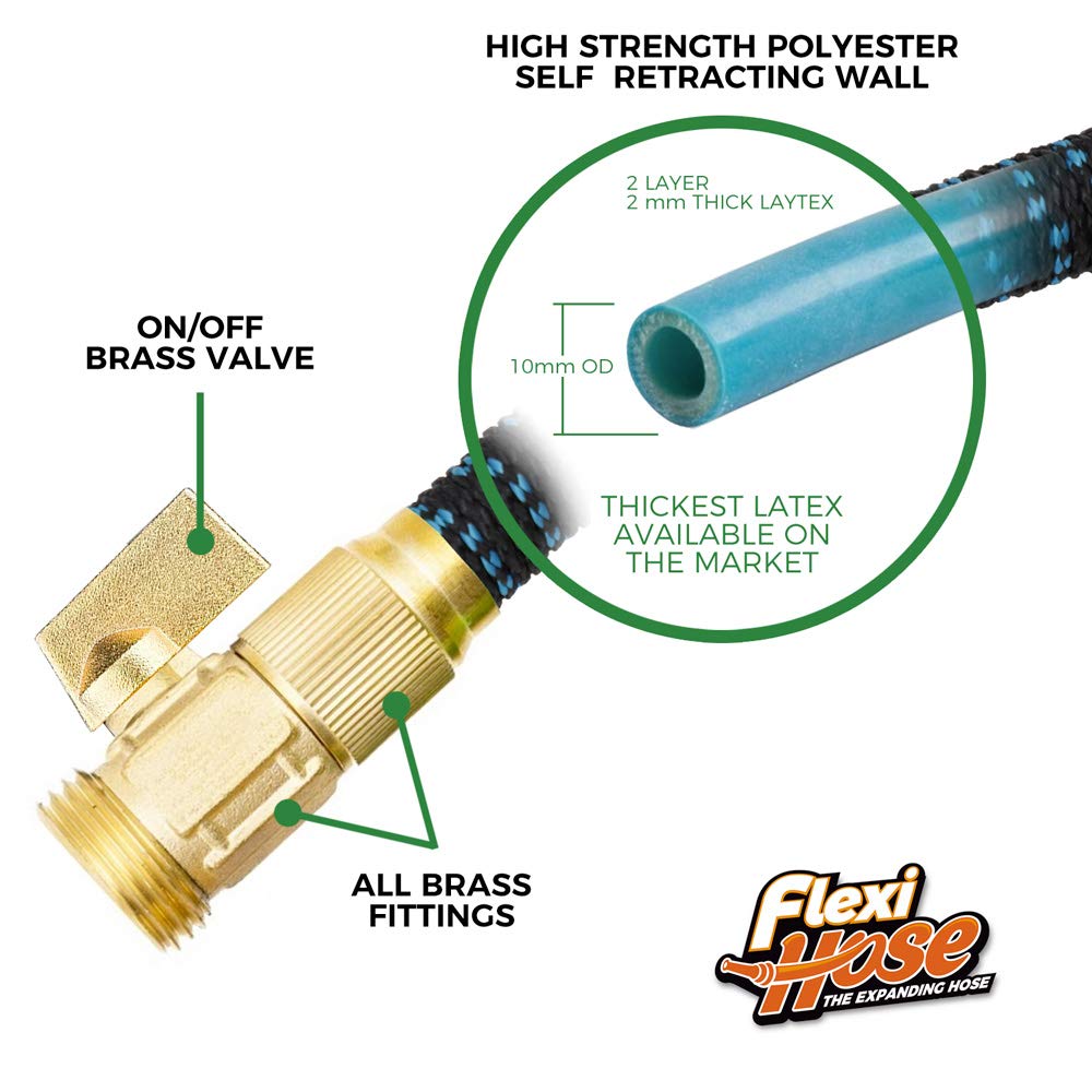 Flexi Hose Expandable Garden Hose with 8 Function Nozzle, 25FT - Lightweight Retractable Garden Hose, Water Hose - No-Kink Flexibility, 3/4 Inch Solid Brass Fittings and Double Latex Core