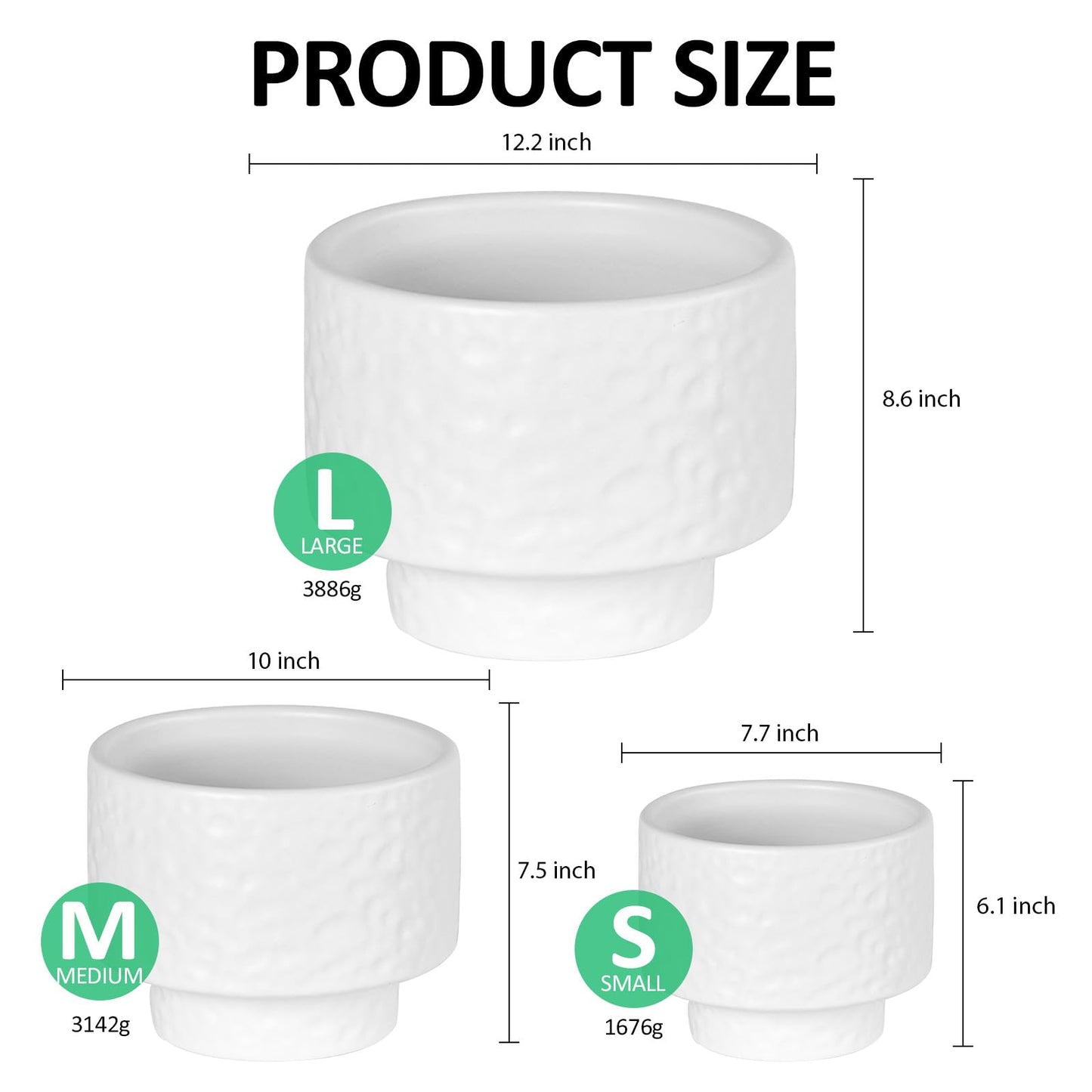 OXART 12.2+10+7.7 inch Ceramic Pots for Plants, Flower Pots for Indoor Plants with Drainage Hole, Round Large Plant Pots, Thick-Walled Ceramic Planters for Home Office, Set of 3, White