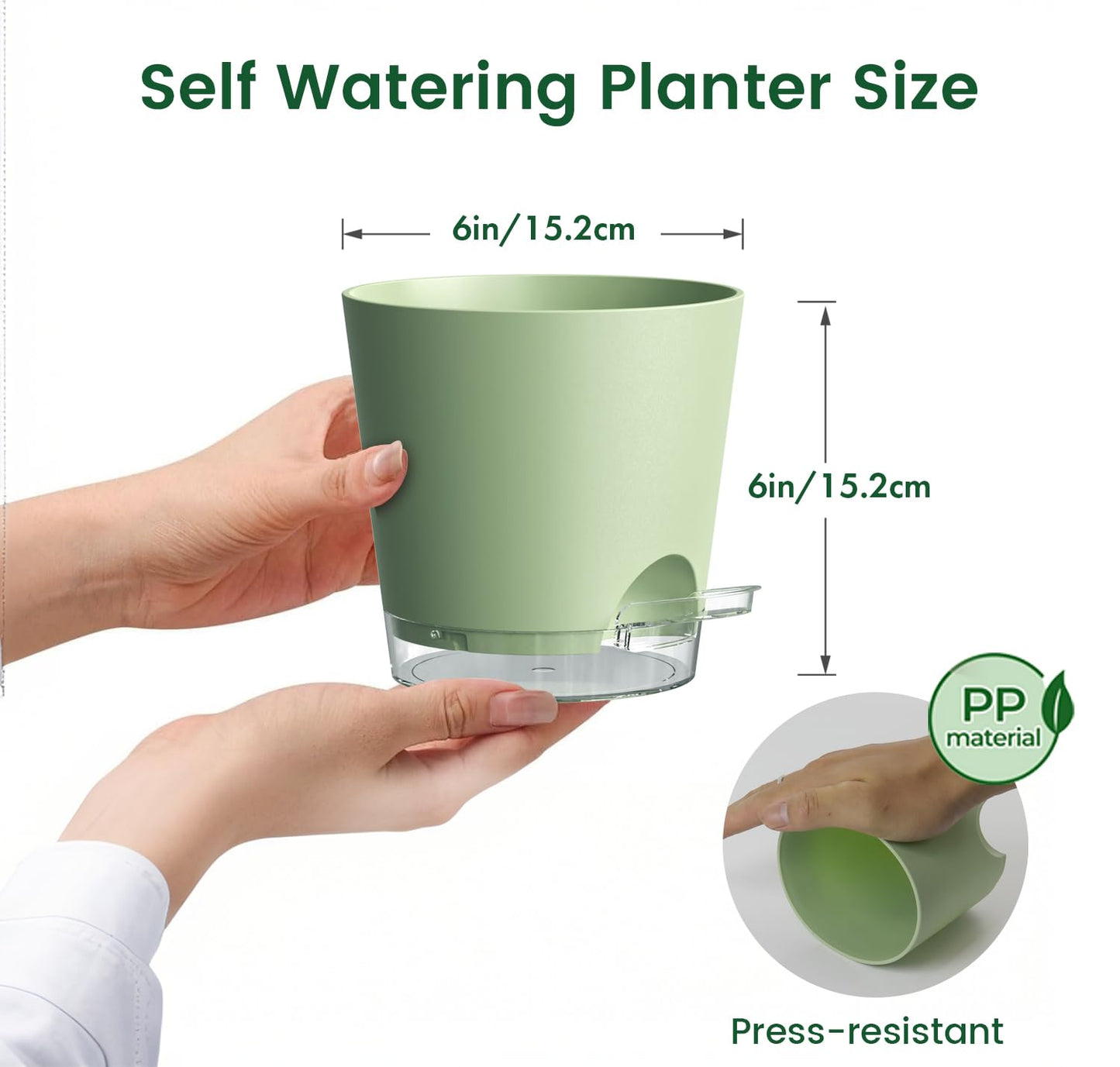 Meowell 6 inch Self Watering Pots for Indoor Outdoor Plants, 6 Pack Flower Plant Pots with Drainage Holes and Clear Reservoirs, Visible Water Level, Plastic Planters with Wicking Rope, Green