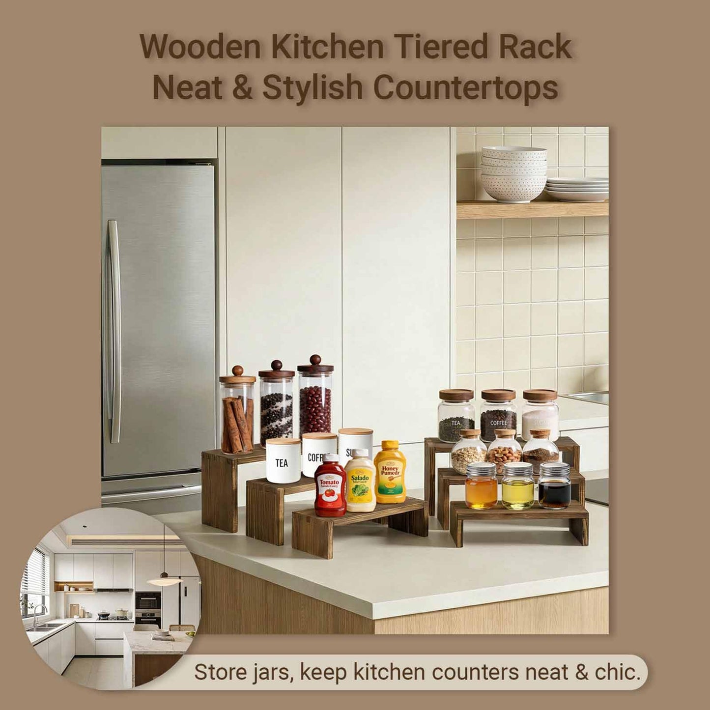 Jerbikas 3-Tier Wood Display Riser 2 Set, Tiered Display Stand for Food, Kitchen, Desk & Party - Solid Pine Wooden Shelf & Organizer for Plants, Collectibles, Office (9.5/8.5/7.5 In)