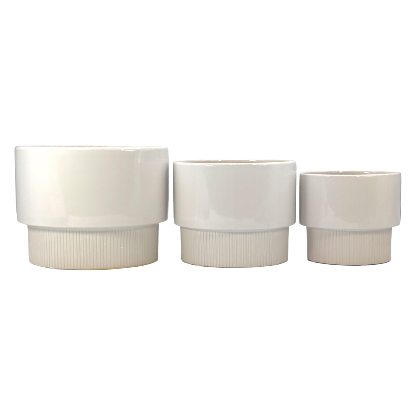 Galt International Set of 3 (8", 10", 12") Mid Century Modern Off White Flat Ribbed Ceramic Planter Pots Flower Pot Indoor House Plants Decor w/Drainage Hole & Plug