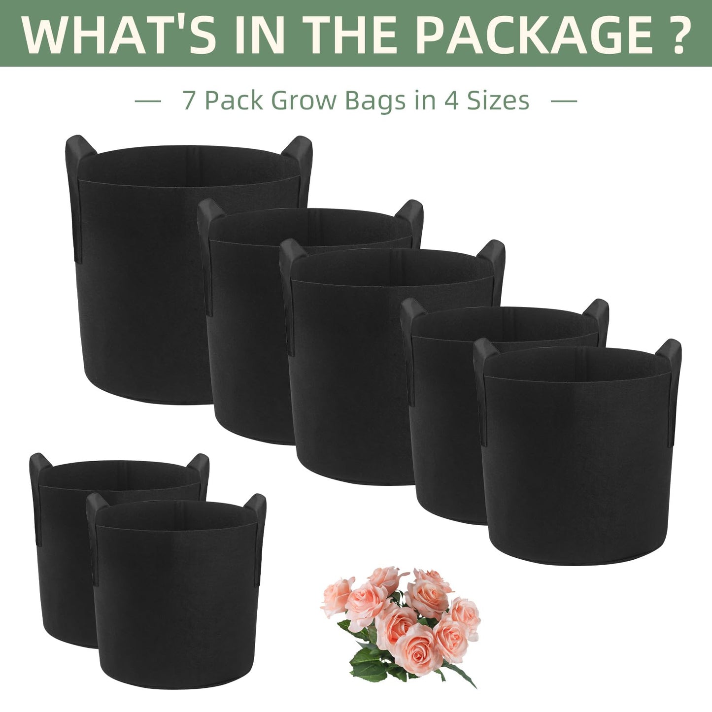 LITLANDSTAR 7 Pack Black Grow Bags, Thickened Nonwoven Plant Fabric Pots with 4 Sizes - 5/7/10/15 Gallon Aeration Planting Bags for Potato Tomato Carrot Strawberry
