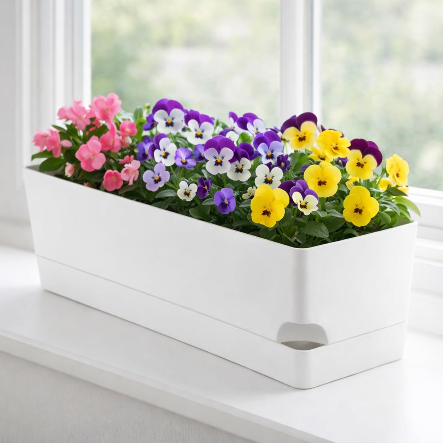 Party Zealot Window Boxes Planters, 3 Pack Self Watering Pots for Indoor Plants 17 Inch Rectangular Planter Rectangle Flower Pots Long Plant Pot Large Window Sill Herb Planter Box, White