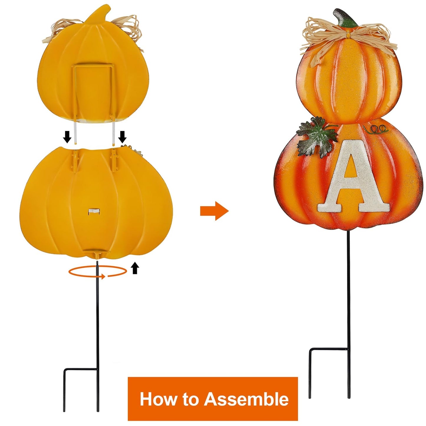Juegoal 4 Pcs Fall Decorative Garden Stakes, 24 Inch Letter Metal Yard Sign with Pumpkins, Outdoor Art Stake for Thanksgiving Decorations Autumn Harvest Patio Lawn Walkway, Style A
