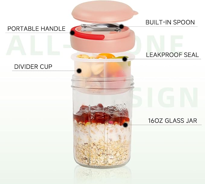 Overnight Oats Containers with Handles & Lids – 16oz Glass Mason Jars with Spoons & Fruit Compartments, Meal Prep Breakfast Jars, 2 Sets (Cream, Pink)