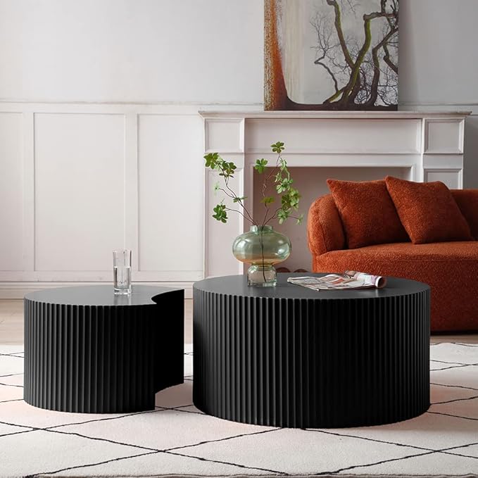 Black Round Coffee Table Nesting End Table Set of 2 Fluted Side Tables Set