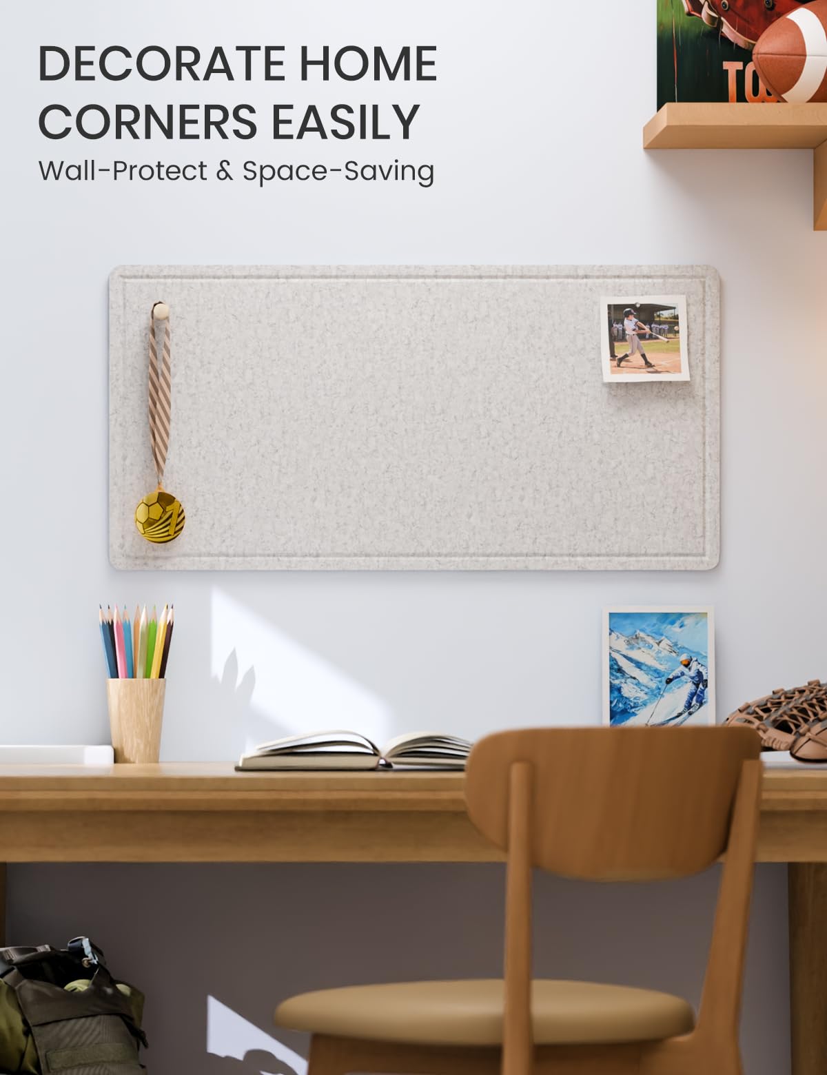 Fluxynara Bulletin Board, 35" x 17.5" Cork Board Alternative with 12 Safe Removable Adhesive Tabs, Foldable Felt Pin Board for Home Office, Classroom, Bedroom,Entryway for Walls—Light Gray