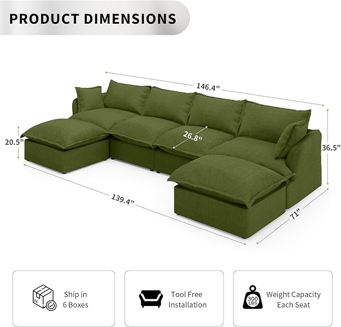 6 Seat U Shape Modular Sectional Couch Sofa