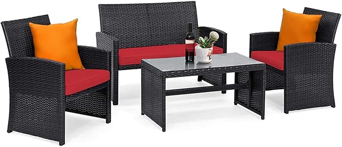 Tangkula Patio Wicker Conversation Furniture Set, Patiojoy Sofa & Table Set w/4
